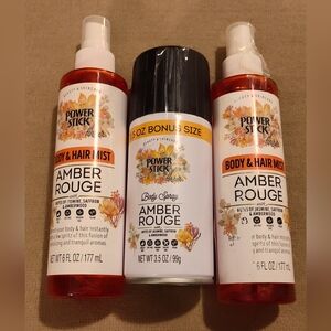 NWT!! Power Stick Amber Rouge Body & Hair Mist (2) And A Body Spray Set